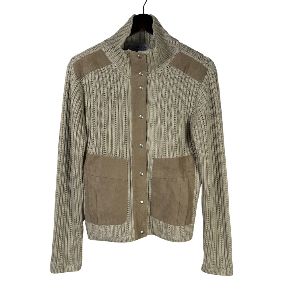 Mac‎ & Jac L Ribbed Knit Sweater Jacket Faux Suede Patch Snap Front Neutral Tan